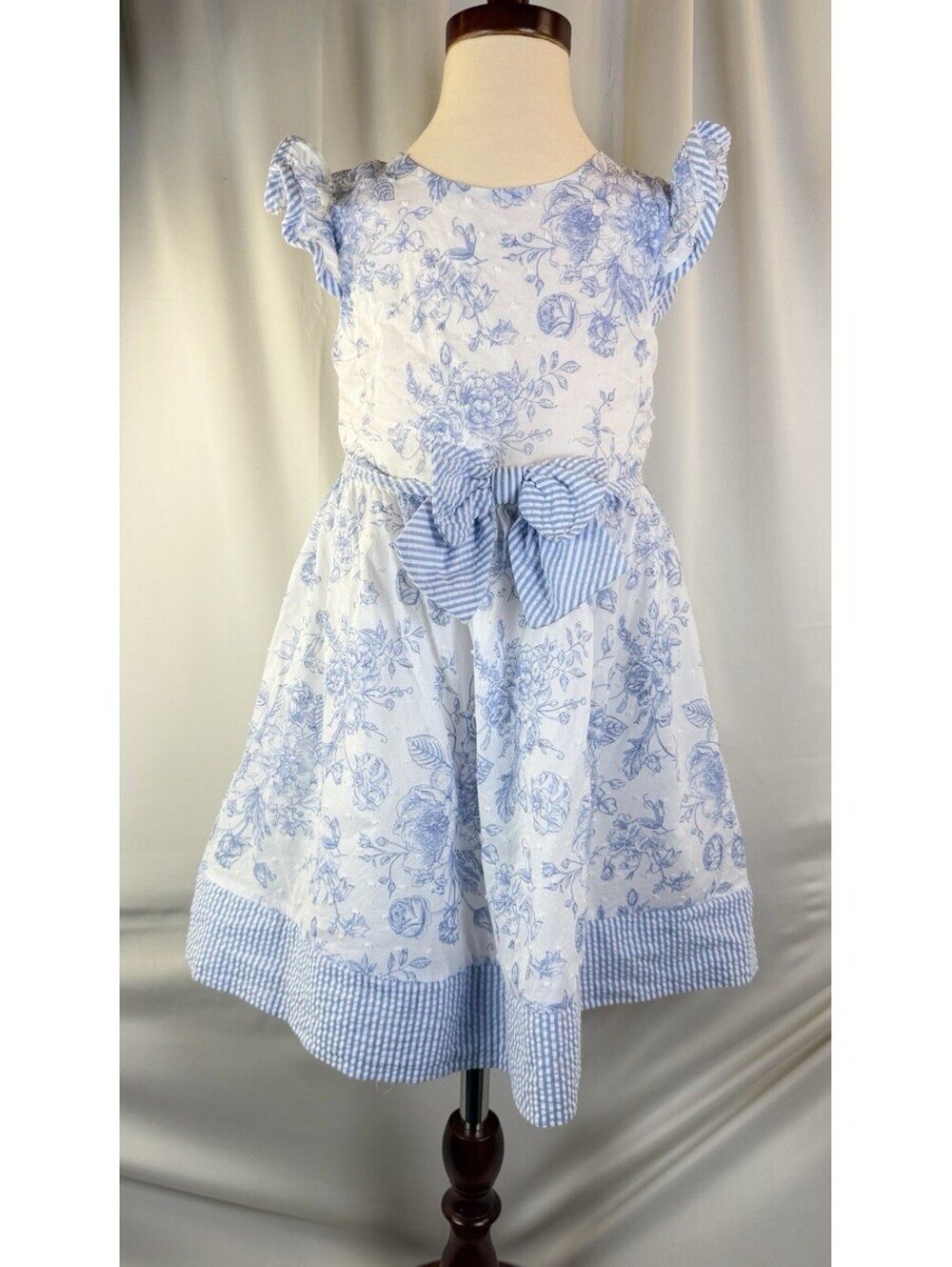 Bonnie Baby Dress Girls Toile Printed Fit & Flare Flutter Sleeve Blue Bow 5T